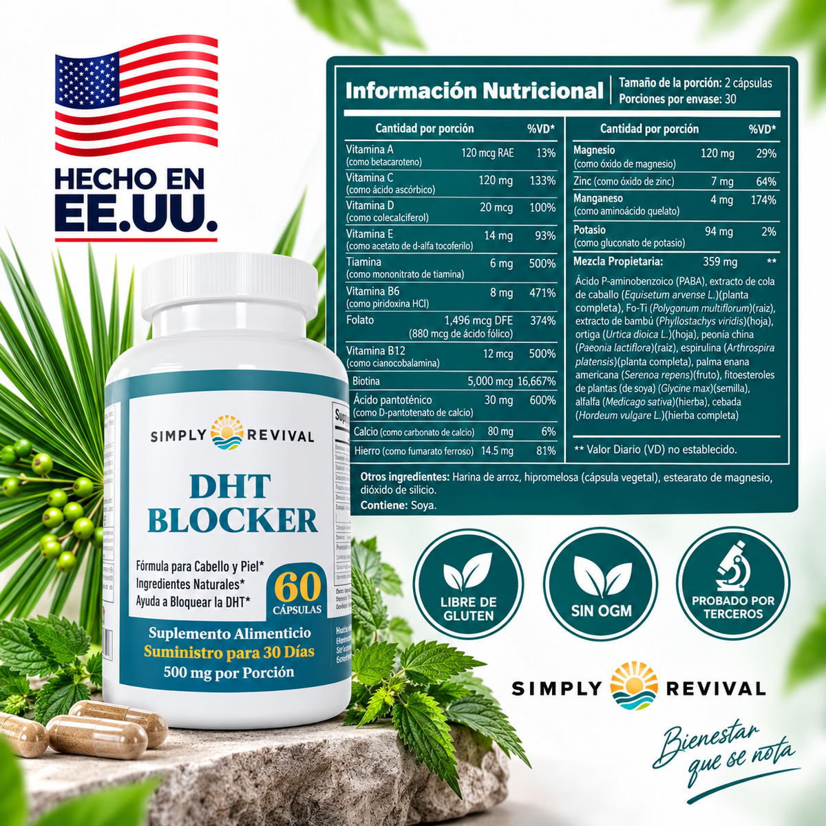 Simply Revival™ DHT Blocker Suplemento Anticaída Y Crecimiento Capilar