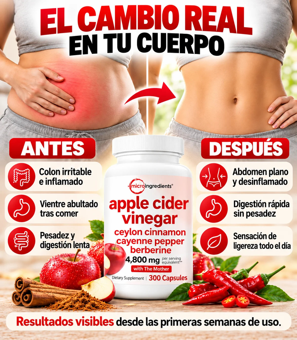 Tratamiento Digestivo y Desinflamatorio de Colon 4 en 1 (Vinagre de Manzana + Berberina + Canela + Cayena)