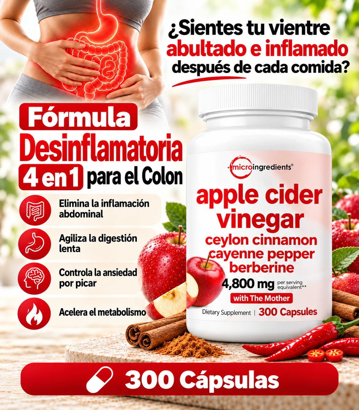 Tratamiento Digestivo y Desinflamatorio de Colon 4 en 1 (Vinagre de Manzana + Berberina + Canela + Cayena)