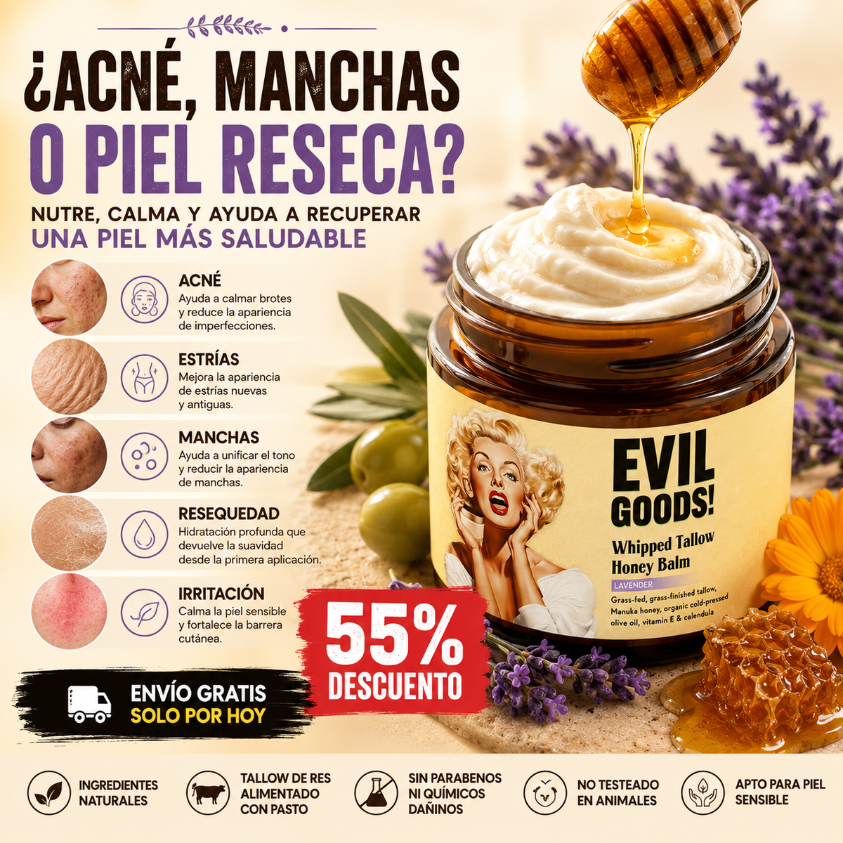 Crema Hidratante Natural EVIL GOODS | Adiós Acné y Piel Seca