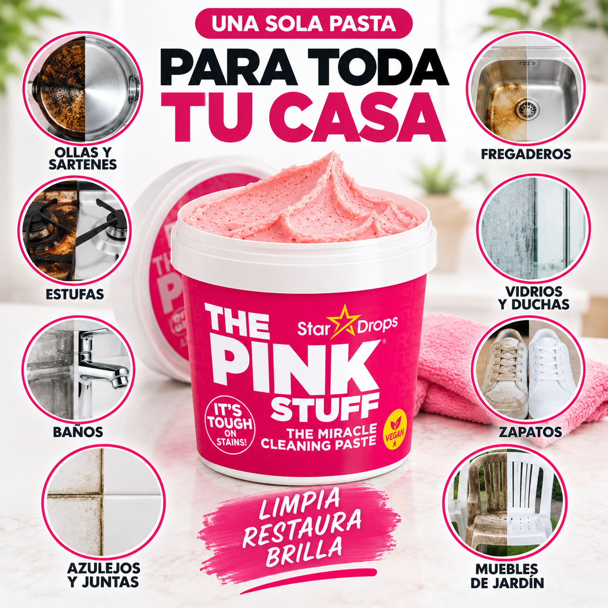 The Pink Stuff™ | Crema limpiadora milagrosa para renovar estufas, azulejos, metales y tenis al instante.
