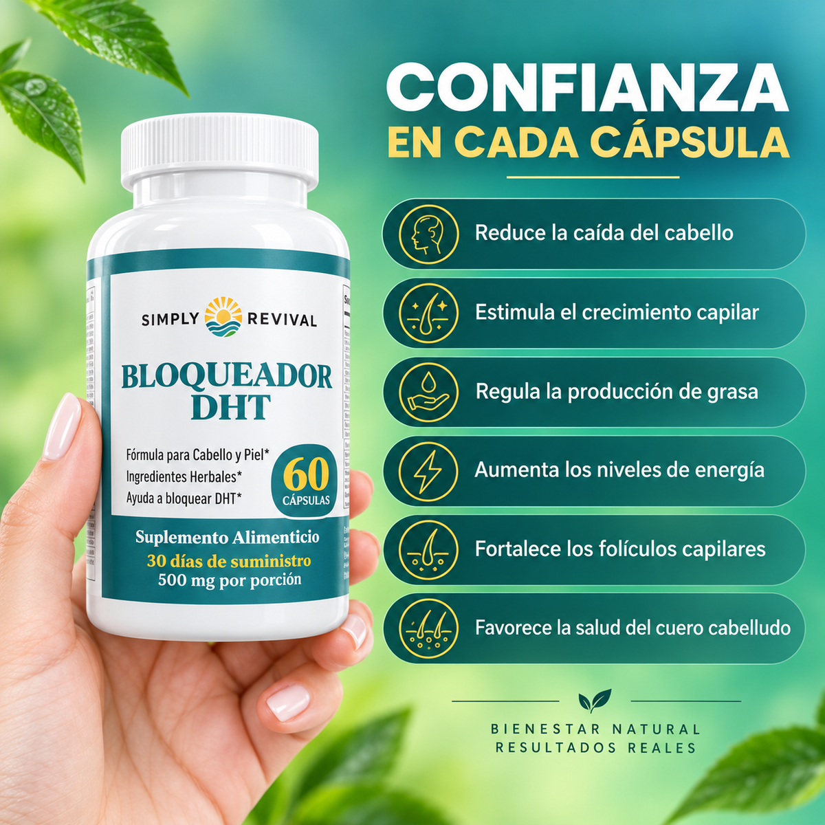 Simply Revival™ DHT Blocker Suplemento Anticaída Y Crecimiento Capilar