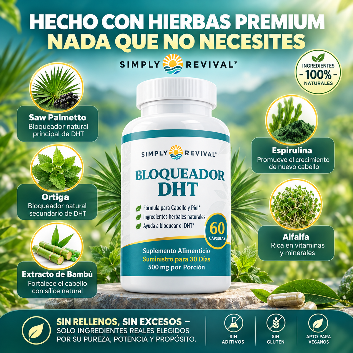 Simply Revival™ DHT Blocker Suplemento Anticaída Y Crecimiento Capilar