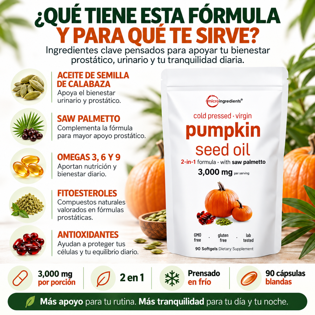Aceite de Semilla de Calabaza 3000 mg Salud Prostática y Capilar