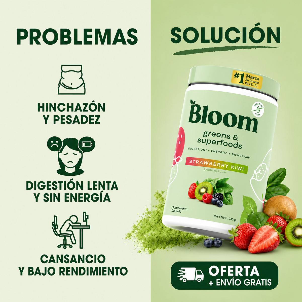 Bloom® Original Greens & Superfoods Fresa Kiwi con Probióticos y Enzimas Digestivas