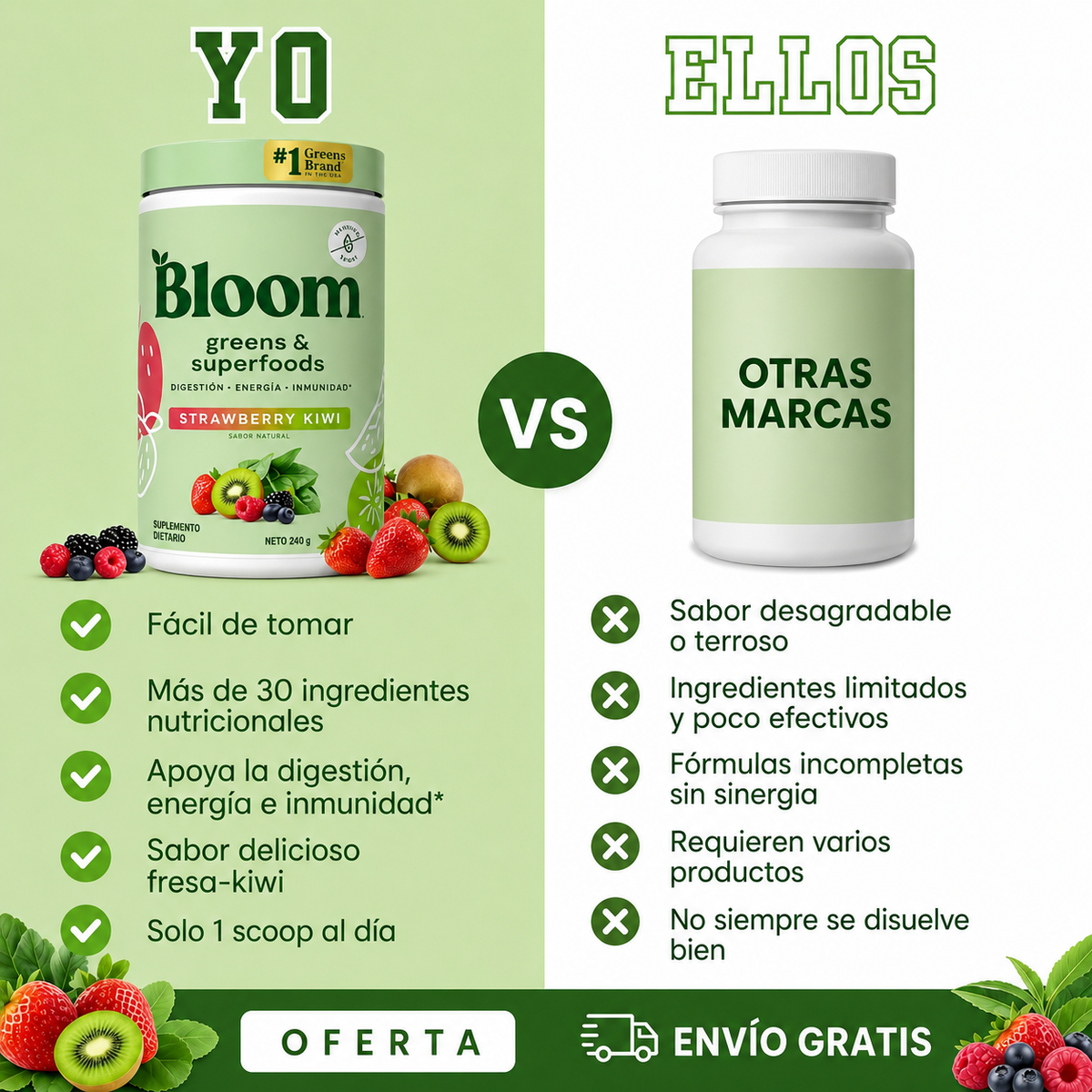 Bloom® Original Greens & Superfoods Fresa Kiwi con Probióticos y Enzimas Digestivas
