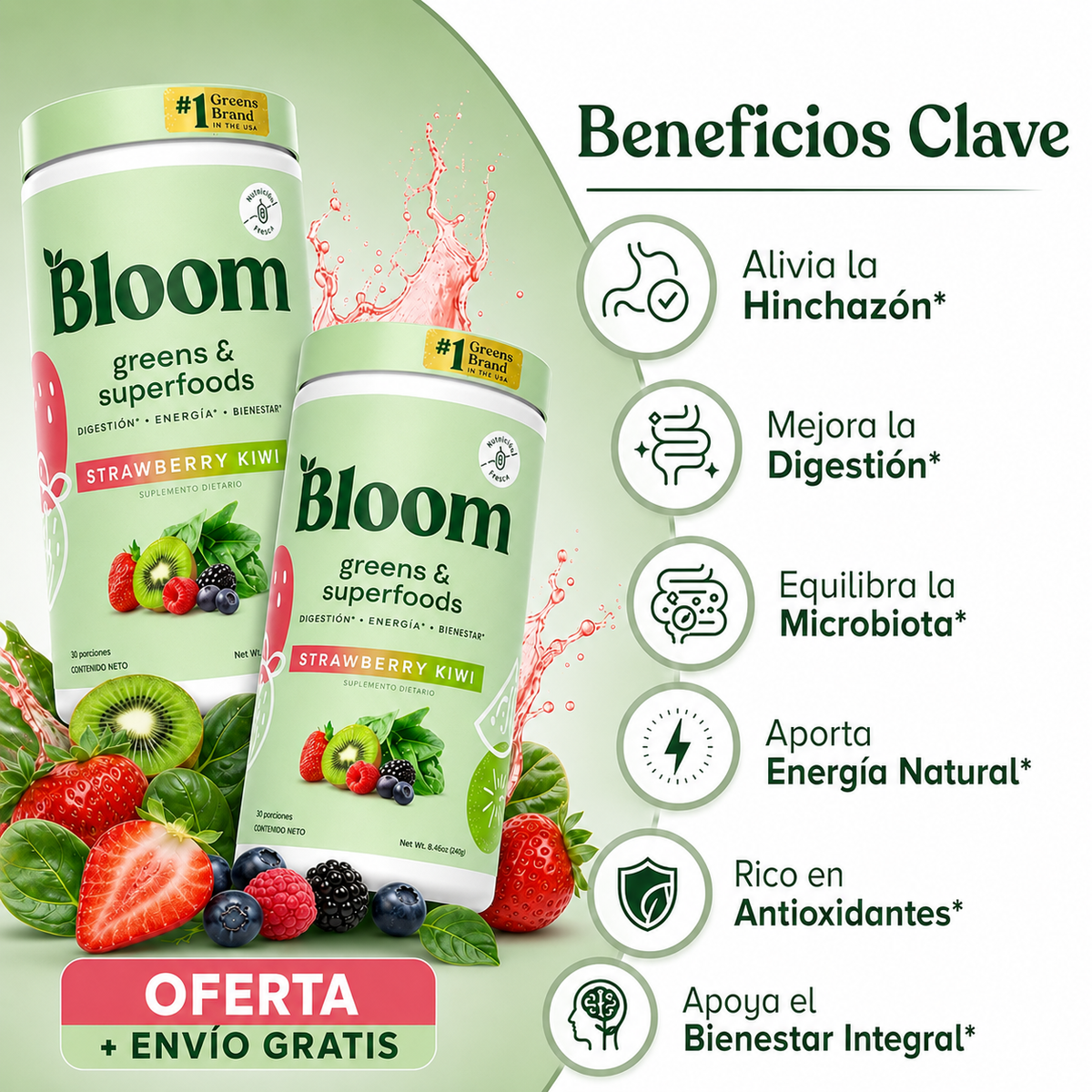 Bloom® Original Greens & Superfoods Fresa Kiwi con Probióticos y Enzimas Digestivas