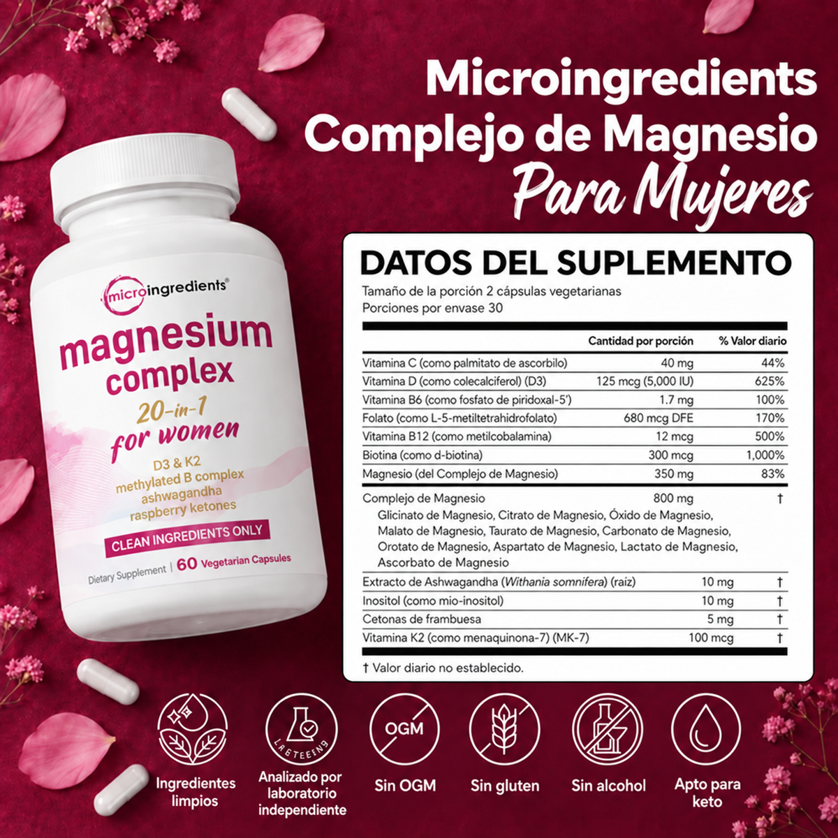 Microingredients™ (60 Cápsulas) Complejo De Magnesio Para Vitalidad Femenina Con Ashwagandha