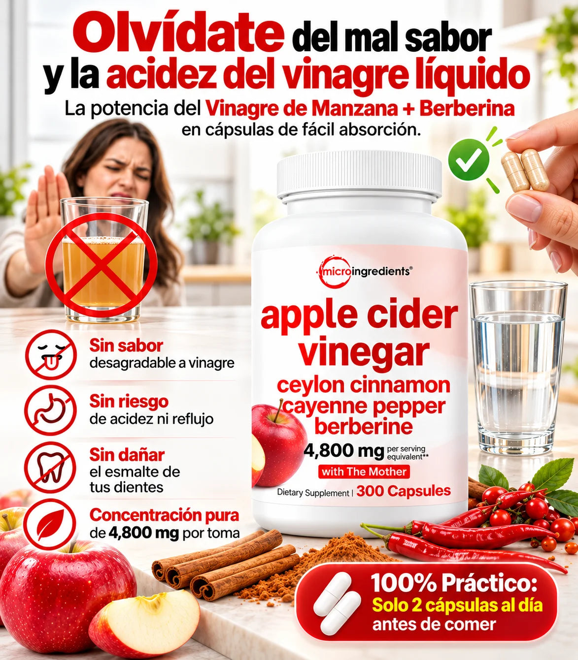 Tratamiento Digestivo y Desinflamatorio de Colon 4 en 1 (Vinagre de Manzana + Berberina + Canela + Cayena)