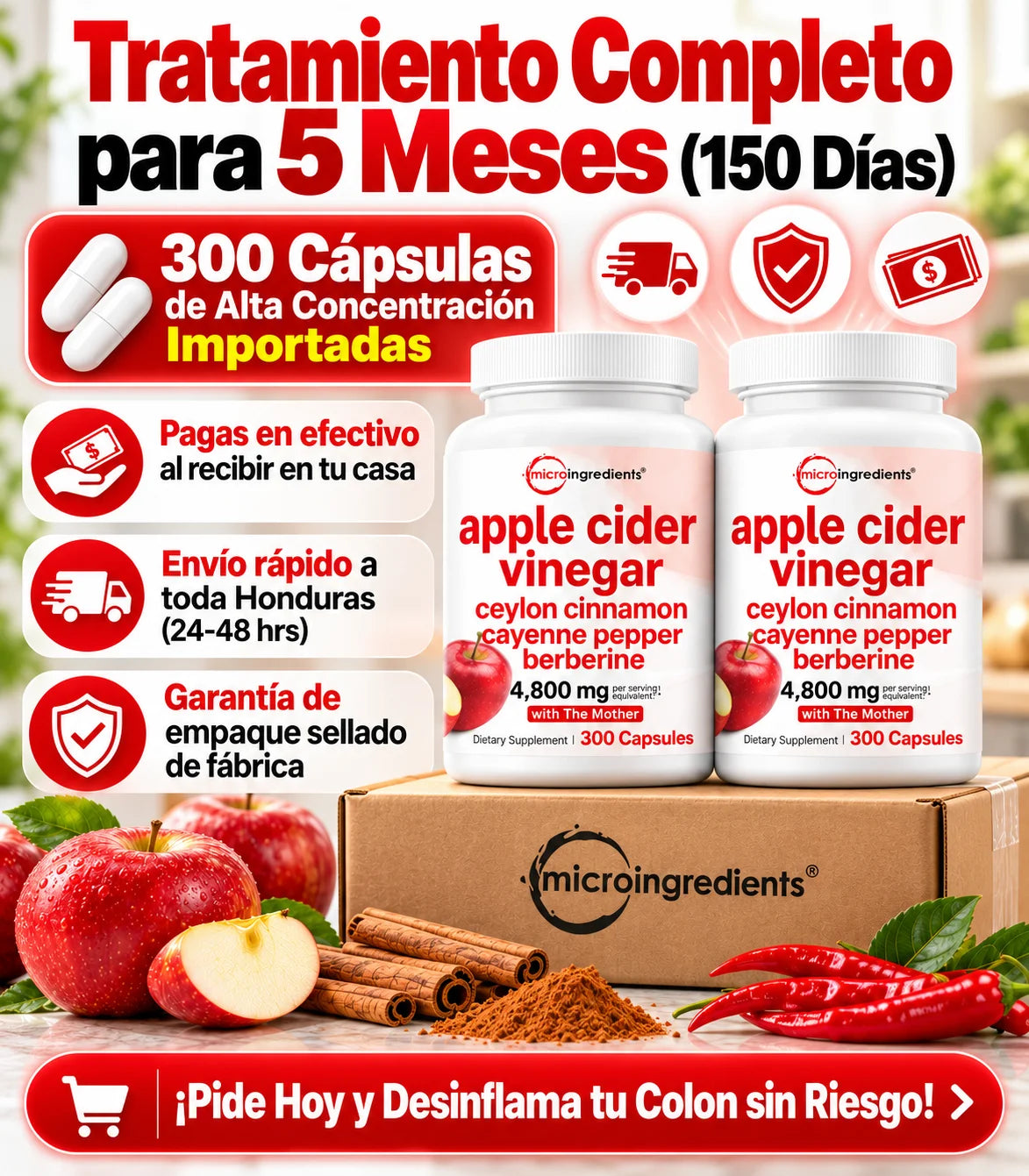 Tratamiento Digestivo y Desinflamatorio de Colon 4 en 1 (Vinagre de Manzana + Berberina + Canela + Cayena)